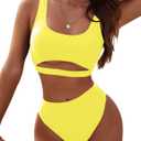 Blooming Jelly Women's High Waisted Bikini Sets High Cut Bathing Suits Two Piece Sporty Cut Out Swimsuits (Yellow, Small)