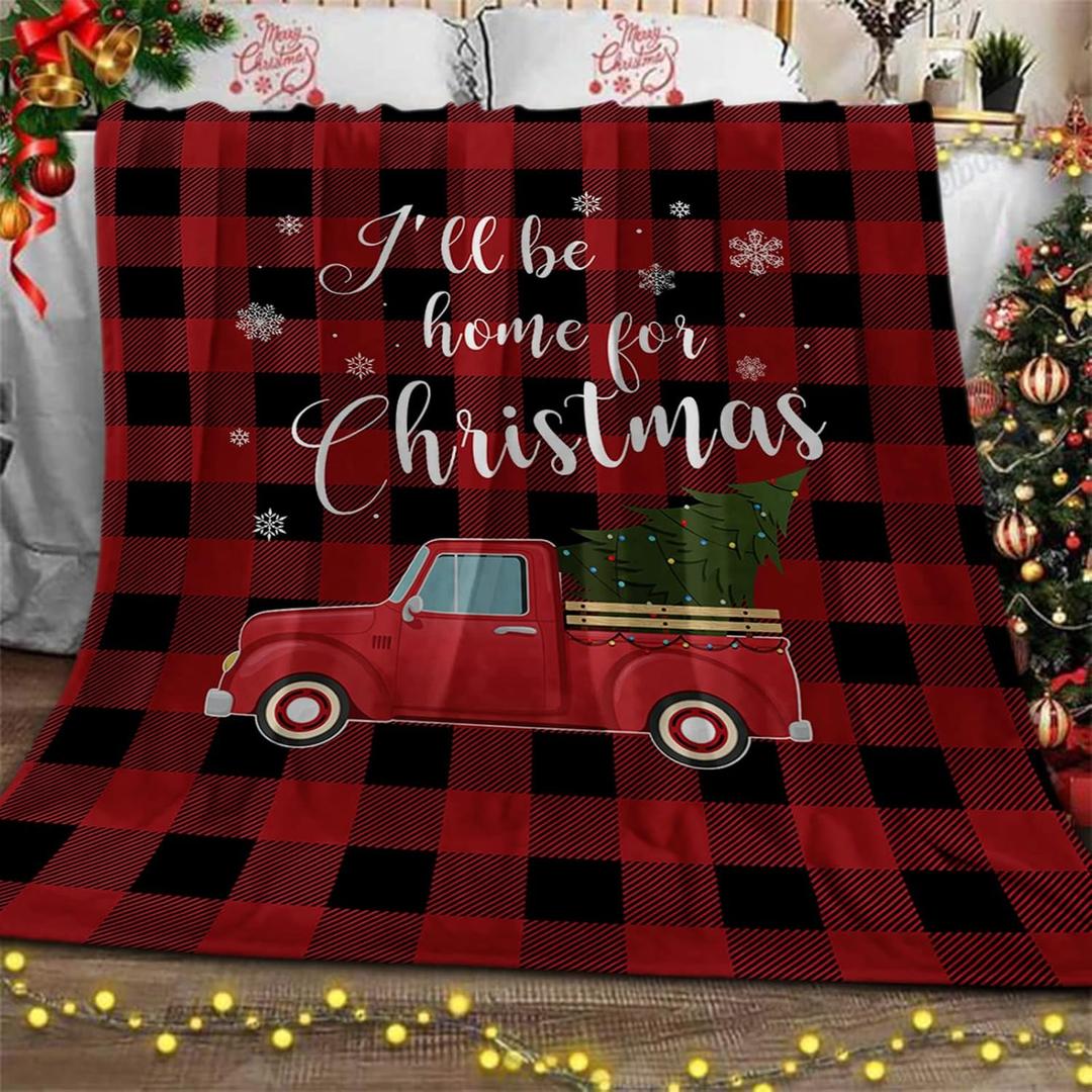 Christmas Truck Soft Fleece Throw Blankets for Couch, Xmas Tree Buffalo Plaid Microfiber Bed Blanket, Farmhouse Snowflake Check Christmas Throws, 40x50inch Flannel Blanket Cover for Sofa Travel (Red Black)