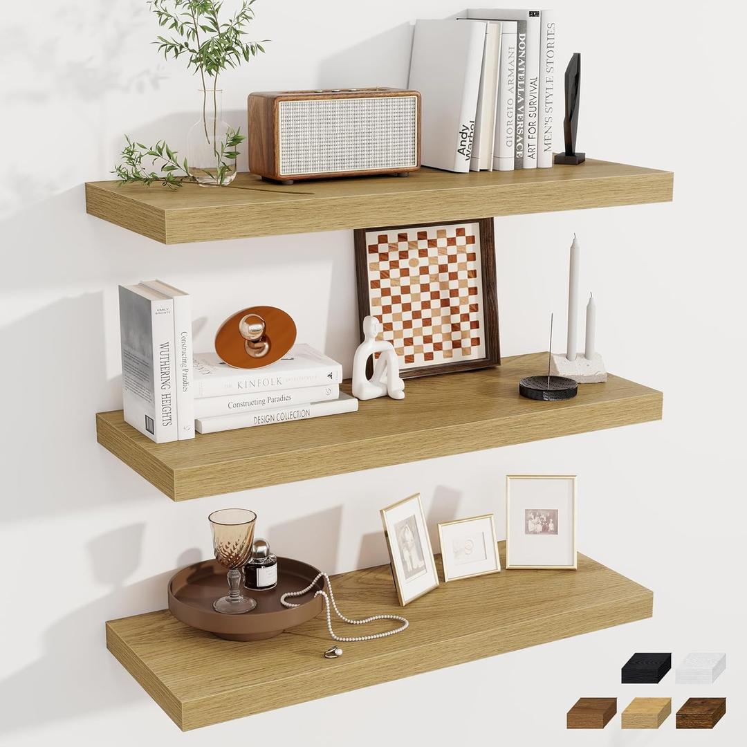 Fun Memories Deep Floating Shelves, 32W x 12D Oak Wall Shelves, 32 Long Rustic Wood Wide Storage Shelves for Bedroom, Kitchen, Farmhouse, Laundry Room, Bedroom, Kitchen, Home Office- Set of 3