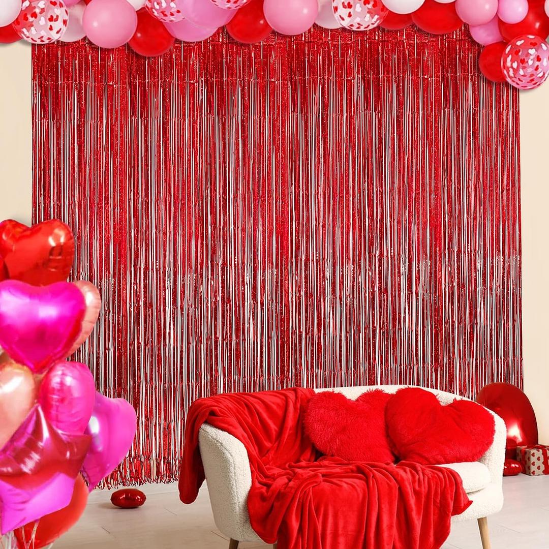 3 x Red Backdrop Party Decorations - 3 Pack of 3.2x8.2ft Foil Fringe Curtains Streamers Backdrop for Valentines Day Decorations,Birthday,Christmas
