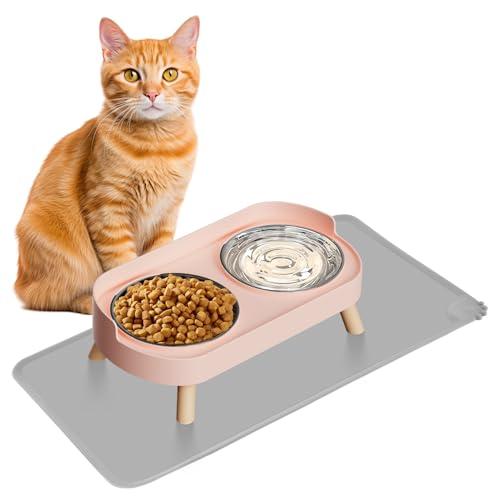 Elevated Cat Bowl with Food Mat, Raised Cat Food and Water Bowl Set for Indoor Cats, Splash Proof with 2 Stainless Steel Pet Food Bowls for Cats and Puppies,Whisker Fatigue and Dishwasher Safe (Pink)