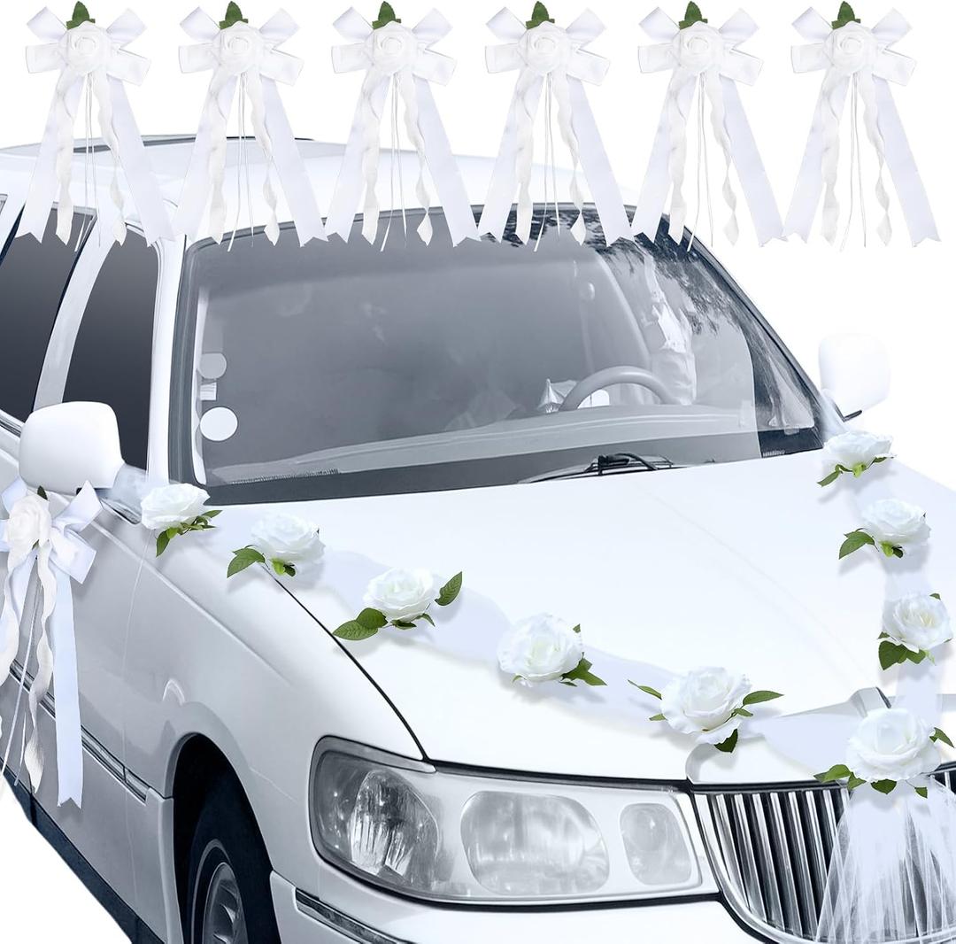 Suncalla Just Married Car Decorations Wedding Car Door Handle Flowers White Artificial Flowers Bouquet Ribbon Set Elegant Wedding Party Decorations for Vehicle Hood Door Handles and Rearview Mirrors
