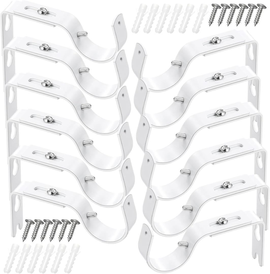 Frienda 12 Pcs 6 Pieces Curtain Rod Brackets Adjustable Wall Holder for 1 Inch Diameter Curtain Rod General Bracket Hooks with Screws (Matt White)