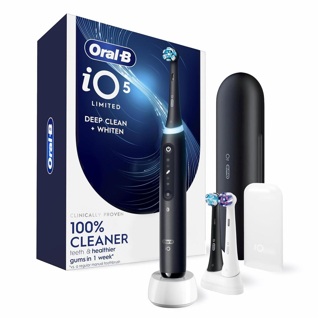 Oral-B Rechargeable Electric Toothbrush, iO5 Limited Deep Clean & Whiten, 5 Cleaning Modes, Visual Pressure Sensor to Protect Gums, Travel Case, 3 Brush Heads, Black (1 Count (Pack of 1))