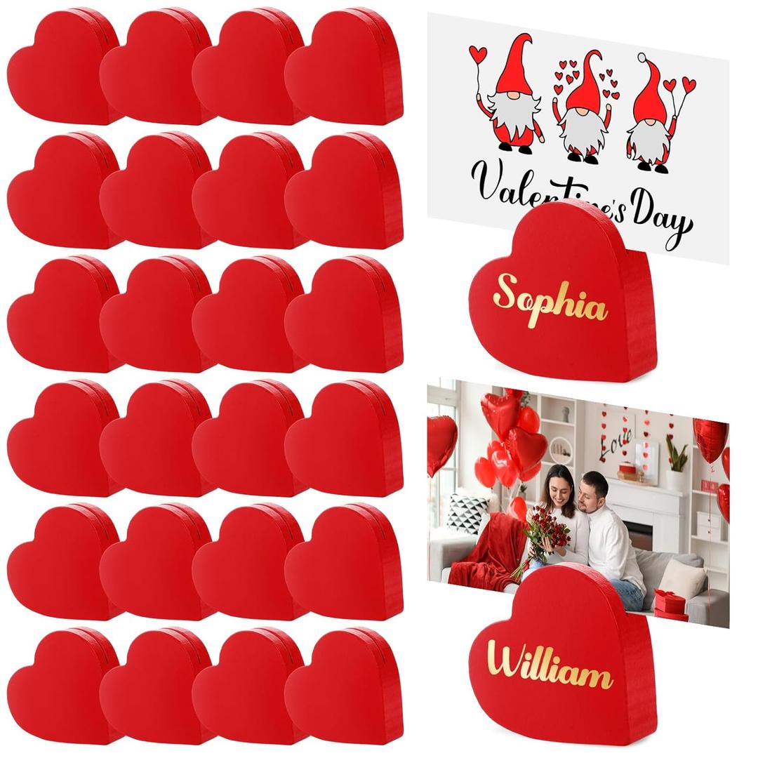 Amyhill 24 Pcs Valentine's Day Wooden Heart Place Card Holder Valentines Table Number Holders Red Heart Wood Table Signs Valentines Card Stand Rustic Picture Photo Clip for Wedding Bridal Party Decor