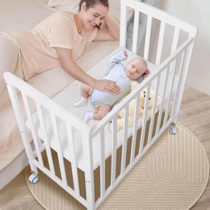 Baby Bassinets Bedside Sleeper - Portable Pine Wood Bedside Bassinet,6 Heights Small Mini Crib with Mattress,Space-Saving Design Baby Crib for Newborns 0-12 Months,White