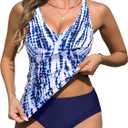 Yonique Tankini Swimsuits for Women Tummy Control Bathing Suits Two Piece Tankini Tops with Bikini Bottoms Twist Swimwear (Medium, Blue Tie Dye)