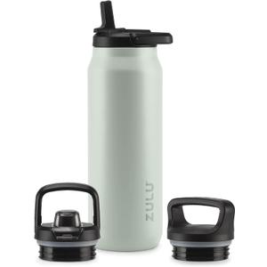 ZULU Base 40oz Stainless Steel Water Bottle with 3 Lids- Straw, Chug, Twist | Double Walled and Vacuum Insulated Metal Thermos | For Gym, Outdoor | Built in Carry Loop, Dishwasher Safe, Sage