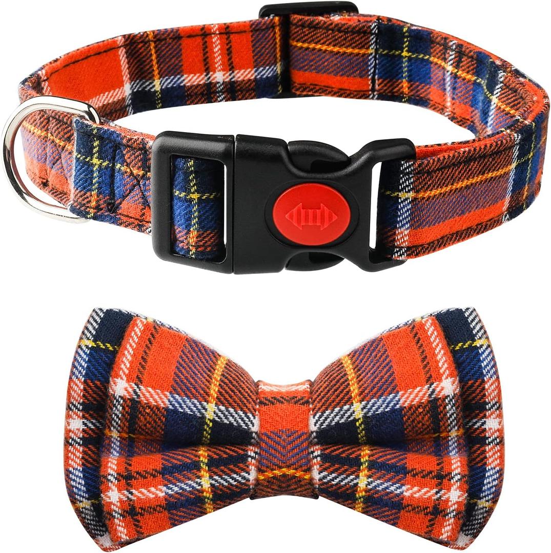 Dog Bow Tie, TAGATMI Plaid Bow Tie Dog Collar Unique Lock Buckle Soft Comfortable, Adjustable Comfy Bowtie for Small Medium Large Dogs Cats Pets Durable Cotton Best Gift Bowtie Detachable Orange