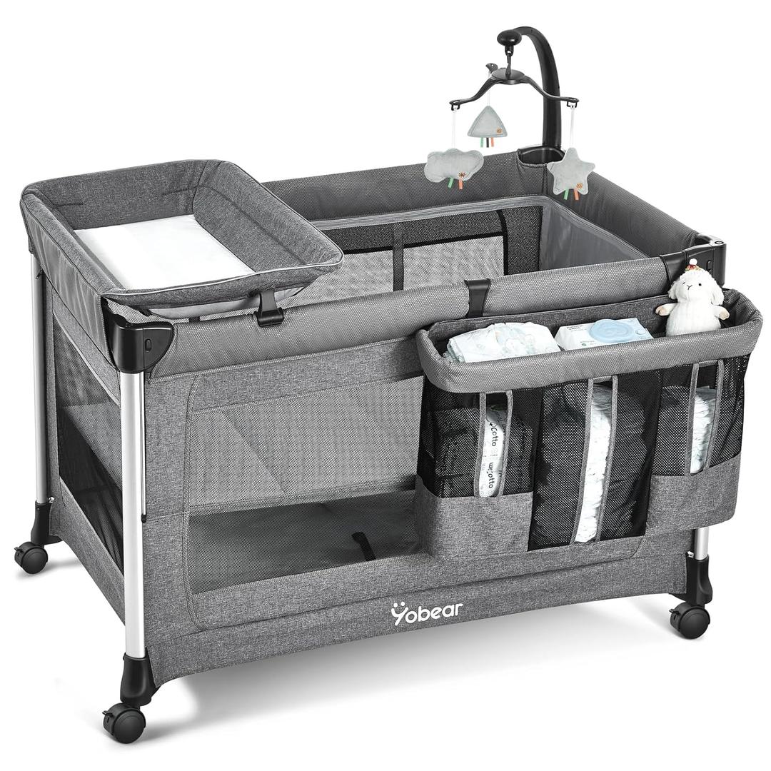 4-in-1 Baby Bassinet with Mattress - One-Push Setup Playard - Bedside Crib with Diaper Changer from Newborn to Toddler (Grey)