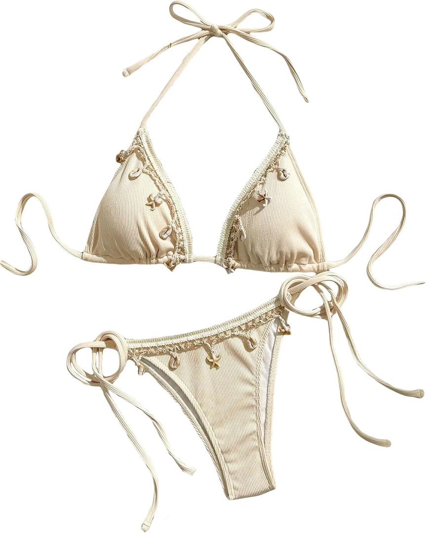 Women's Shell Decoration Boho Bathing Suit Halter High Waist Summer Swimsuit Bikinis Set