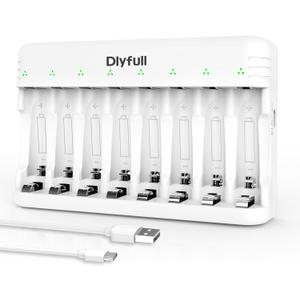 Dlyfull 8 Bay AA AAA Battery Charger with USB-C High-Speed Charging, Independent Slot for 1.2V Ni-MH Ni-CD Rechargeable Batteries, Cable Included