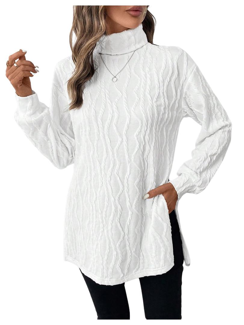 Verdusa Women's Textured High Neck Long Sleeve T Shirts Split Side Long Tee Tops Fall Outfits White Large (White, L)
