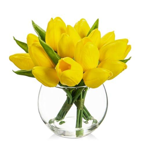DILATATA Artificial Yellow Tulips in Vase with Faux Water 6" Real Touch Flowers Fake Tulips Small Flowers Arrangement in Round Glass Vase for Mother's Day Table Centerpiece Wedding Home Decor