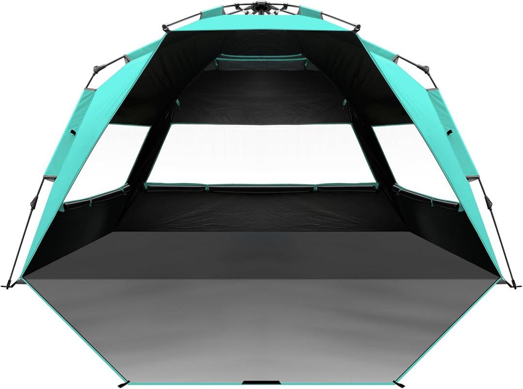 OutdoorMaster Beach Tent with Blackout Shelter Technology, Portable Beach Shade Sun Shelter Canopy for 4-6 Person with UPF 50+ UV Protection, Easy Setup Pop Up Tent Family Size (Green)