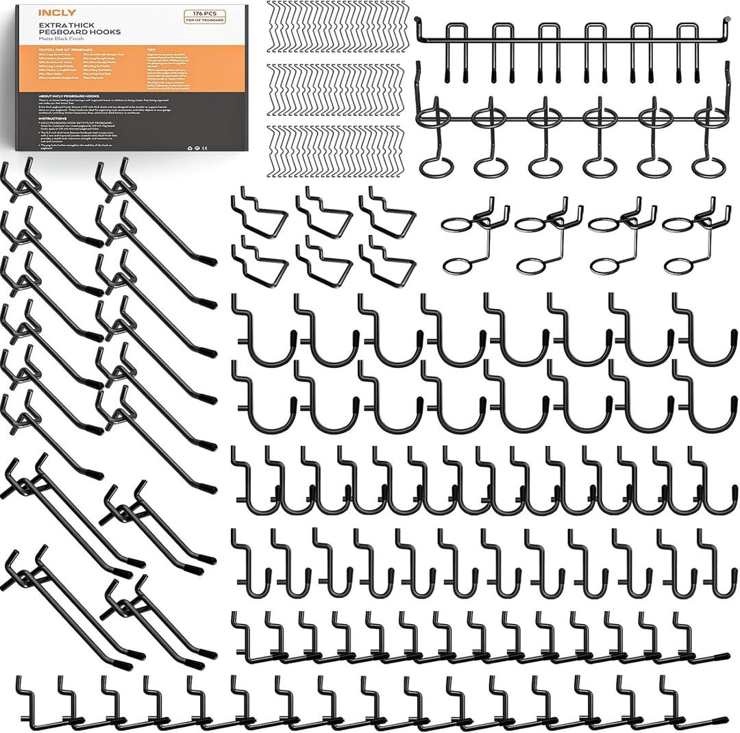 INCLY 176PCS Extra Thick Black Pegboard Hooks Set, 1/4" Heavy Duty Metal Peg Board Hook Assortment with Peg Lock Pegboard Accessories for Garage Wall Organizer Hanging Tools