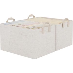 StorageWorks Storage Bins, Shelves Baskets for Organizing, 45L Extra Large Fabric Closet Organizers with Handles, Metal Frame, Beige-Cotton-linen, 2-Pack