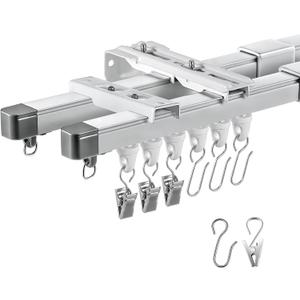 Juexica Retractable Ceiling or Wall Mount Curtain Track 2.8-4.9ft / 0.85-1.5 Meter Room Divider Curtain Rod, Rails Set with Silent Rollers and Hooks for Living Room Bedroom RV (Double)