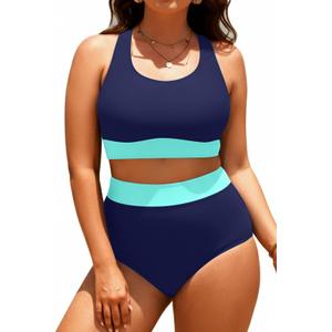 Plus Size Colorblock Two Piece High Waisted Bikini Set Scoop Neck Swimsuit, 16W