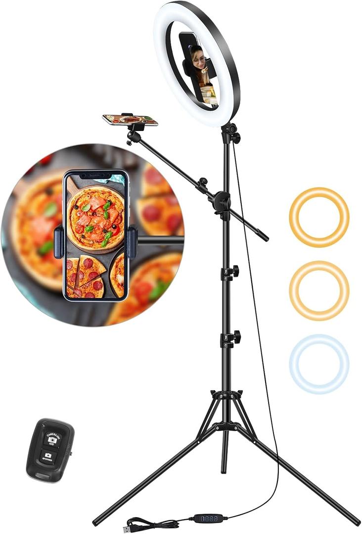LUXSURE Selfie Ring Light with Stand for Phones, Ring Light Tripod for iPhone, Overhead Phone Mount 10.5" with Phones Stand and Remote, Phone Tripod with Light for Video Recording/Live Stream/Cooking