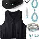 Suhine 9 Pack Western Outfits for Women Cowgirl Vest Boho Cowboy Hat Jewelry Kit for Halloween Cosplay (Size X-Large, Black)