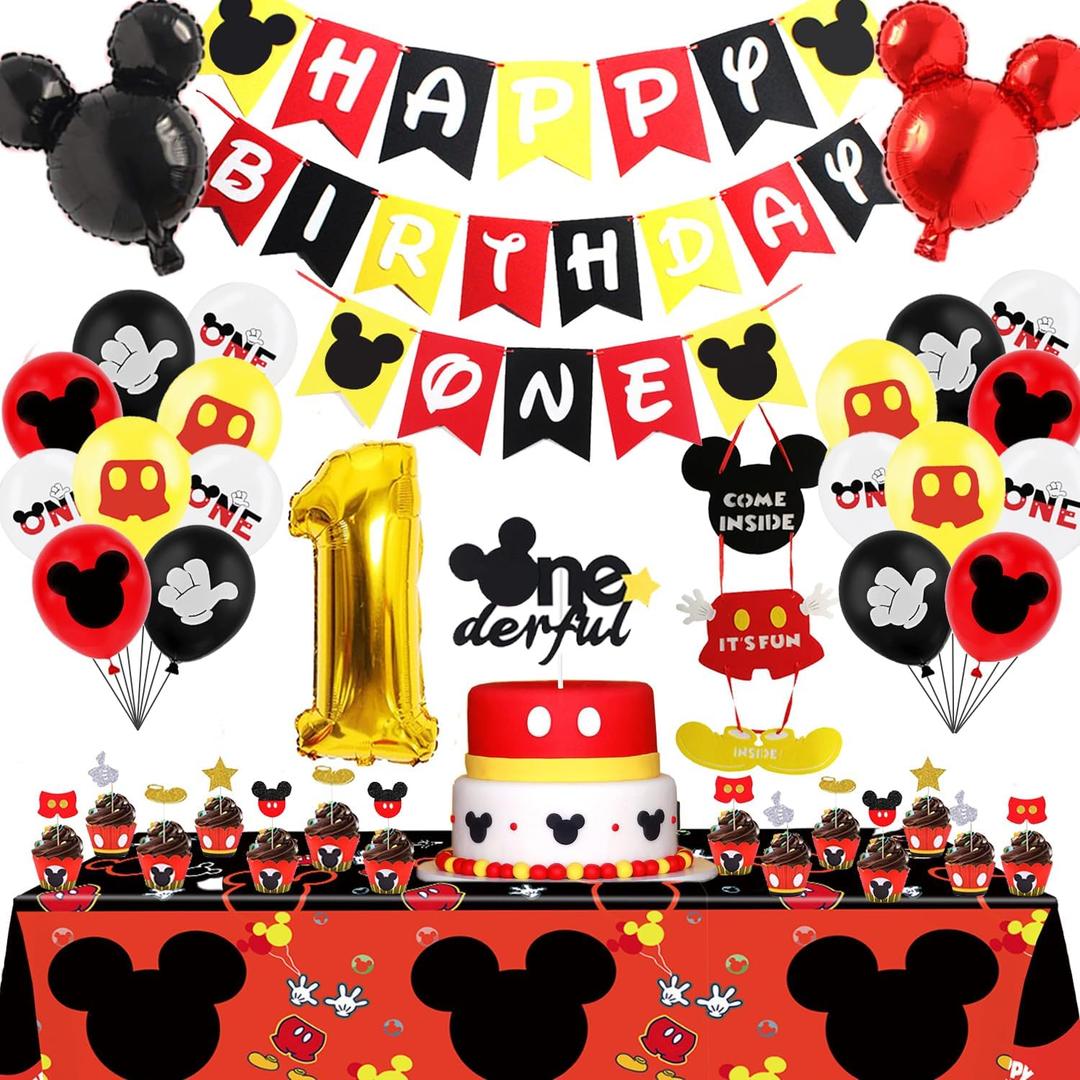 1st Mouse Birthday Party Decorations - Boy One First Party Supplies Includes Happy Birthday Banner, Door Sign, Tablecloth,Cake Cupcake Toppers,Number 1 Balloons, Latex Balloons