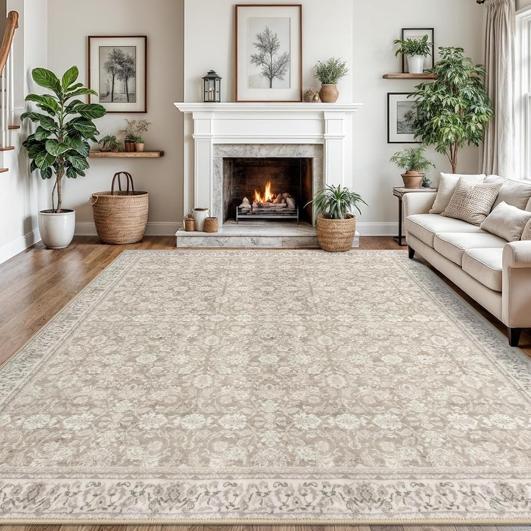SIILOOM 9x12 Area Rug, Cream Beige Yellow White Grey Large Washable Rug for Living Room with Non-Slip Soft Vintage Bedroom Rugs Traditional Farmhouse Carpet for Nusery Dining Room Office Home Dcor