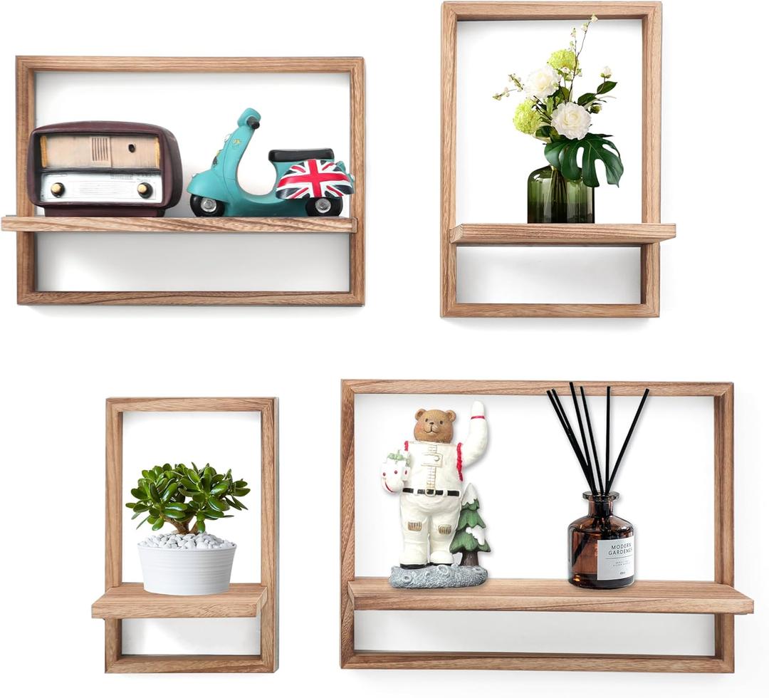 PHOENANCEE Square Floating Shelves,Framed Wall Shelf Decorative Set of 4,Modern Plants Hanging Display Art Decor Storage for Livingroom Bedroom Bathroom Farmhouse,Home Light Wood,Carbonized Black
