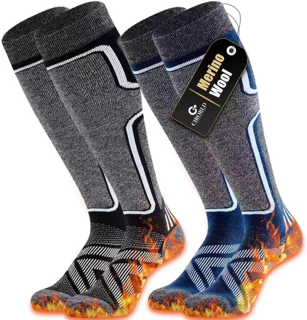 Cirorld Merino Wool Ski Socks Women Men, 2 Pairs Knee High Winter Warm Skiing Socks Performance Thermal Snowboarding Socks (Large, Black & Blue)