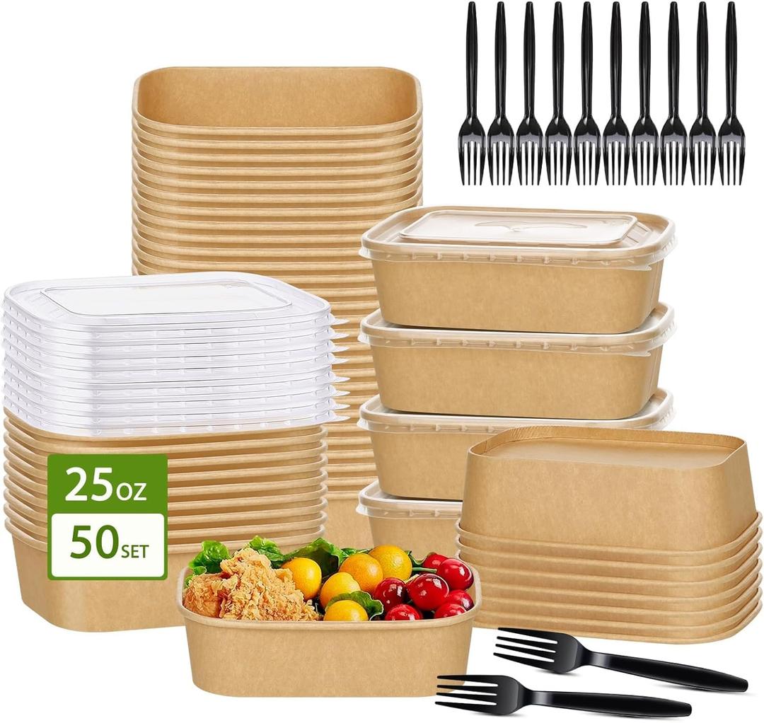 DI QIU REN 50-Pack 25oz Paper Bowls, Disposable Food Containers with Lids and Forks, Cardboard Meal Prep Containers for Diet Salad, Pasta (kraft Paper Rectangular, 25oz 50 Count)
