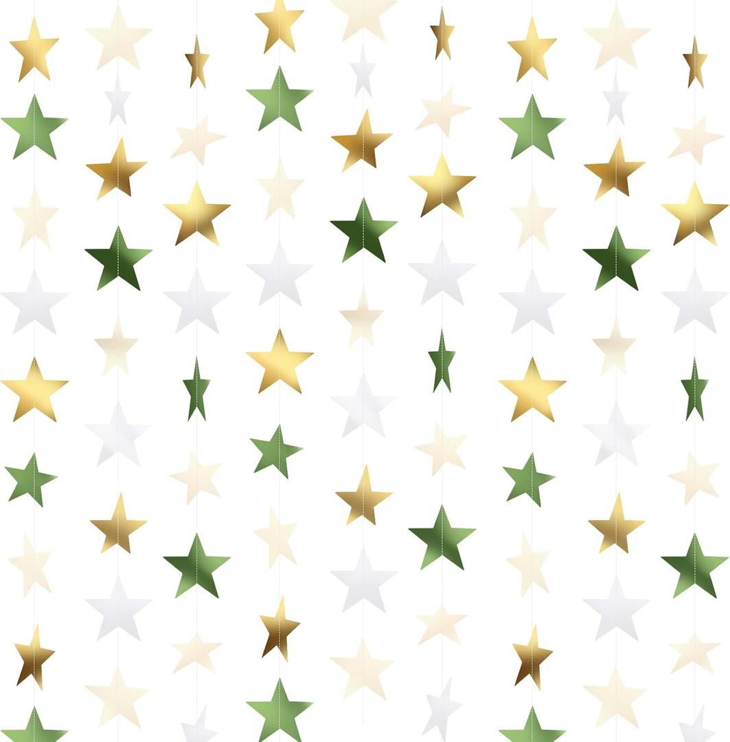 Patelai Glitter Star Garland Banner 2026 Graduation Decor 130 Feet Star Hanging Banner Twinkle Backdrop for Party Birthday Classroom Wedding Supplies(Sage Green, Gold, White)