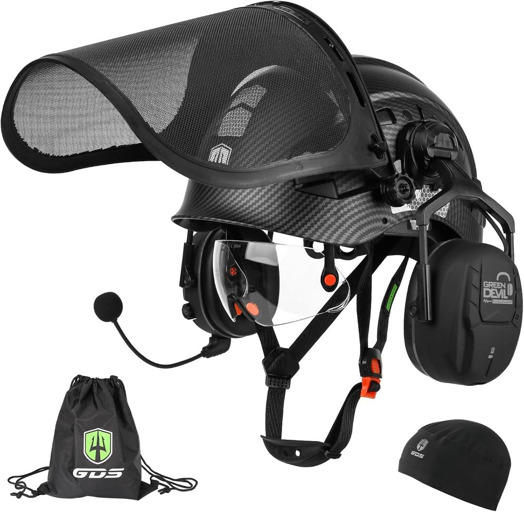 GREEN DEVIL Forestry Chainsaw Safety Helmet with Bluetooth Ear Muffs Arborist Helmet Hard Hat with Built-in Visor Face Shield 5 in 1 System Logging Garden Work Hardhats for Men Women