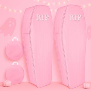 Liliful 2 Pcs Halloween Cemetery Pop up Coffin with Lid, 60 Inch Collapsible Scary Fake Fabric Coffin Prop Life Size, for Graveyard, Halloween Decoration, Lawn, Party (Pink, Lifelike)