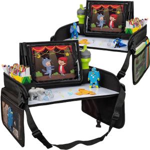 Lusso Gear Kids Lap Desk Tray (Value 2 Pack) - Mesh Pockets & Cup Holder for Car Travel Essentials - Car Seat Tray for Kids Travel & Tablet Holder - Dry-Erase Surface for Road Trip Activities - Black