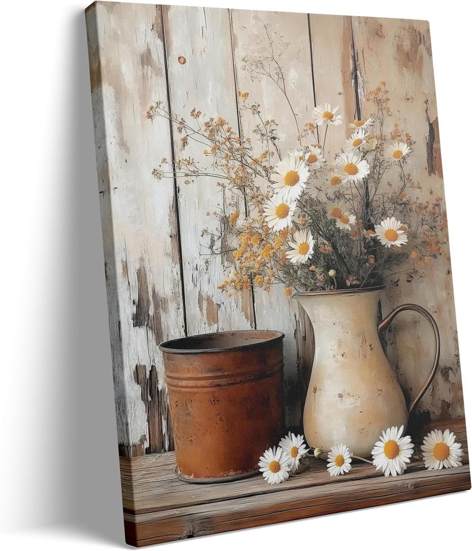 KYSNGMT Farmhouse Wall Decor Rustic Daisy Floral Canvas Wall Art Print | Vintage White Flower in Pitcher Picture Framed Artwork Ready to Hang for Living Room Bedroom Kitchen Country Home Decoration