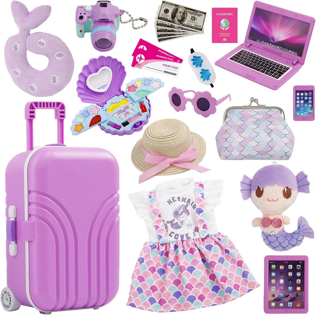 18 Inch Doll Suitcase Travel Luggage Play Set, Mermaid Theme Travel Carrier Storage Accessories for 18inch Doll, Include Case, Clothes, Hat, Sunglasses, Camera, Pillow, Toy Pet