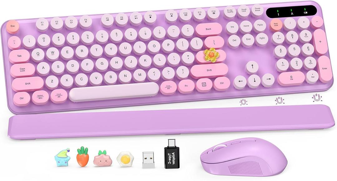 Wireless Keyboard and Mouse Combo, Round Keycaps, Full-Size Retro Typewriter Keyboard with Magnetic Wrist Rest, Sleep Mode & Tilt Legs, 2.4GHz Cordless Connection for Mac/Windows/PC (Lavender Purple)