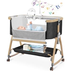 Bedside Bassinet,Bassinet Bedside Sleeper,Rocking Bassinet,3 in 1 Portable Bedside Crib with Mattress,Mobile,Mosquito Net,Storage Basket,6-Height Adjustable Bassinet with Wheels for Newborn,Deep Grey