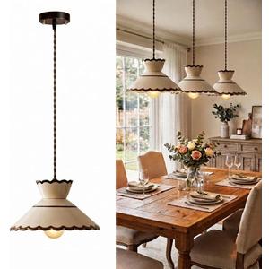Cottagecore Scalloped Ceramic Pendant Light, Vintage Farmhouse Lamp 9.65in