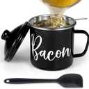 Bacon Grease Container with Strainer - with Food-Grade Silicone Spatula, 46oz Large Enamel Rustic Farmhouse Fat Container, Keeper, Recipes, Dishwasher Safe (Black)