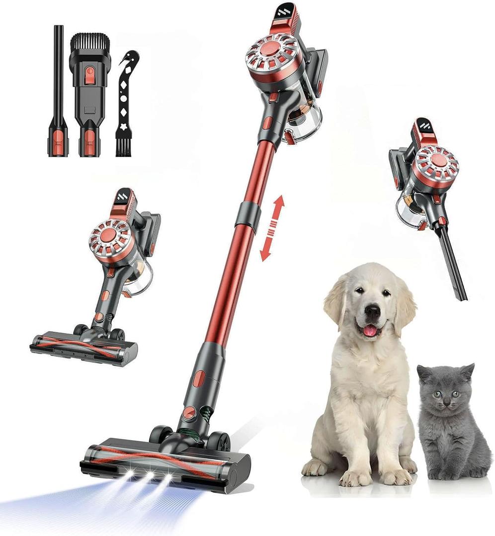 Cordless Vacuum Cleaners for Home with Powerful Suction,Stick Vacuum Cordless Rechargeable,Up to 35 Mins Runtime,Lightweight Hardwood Floor Vacuum for Pet Hair,Carpet(Red)