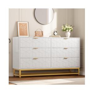 GAOMON Dresser for Bedroom, 53.5" Large Dresser Organizer, 6 Drawer with Golden Metal Handle and Legs, Modern Chest of Drawers, White Dressers with Drawers for Closet, Hallway, Living Room, Entryway