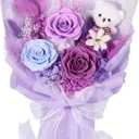 Preserved Flowers Bouquet with Bear, 3 Real Forever Flowers for Delivery, Long-Lasting Purple Eteranl Roses Bouquet, Mothers Day Gifts for Mom Grandma, Anniversary Birthday Gifts for Women Girlfriend