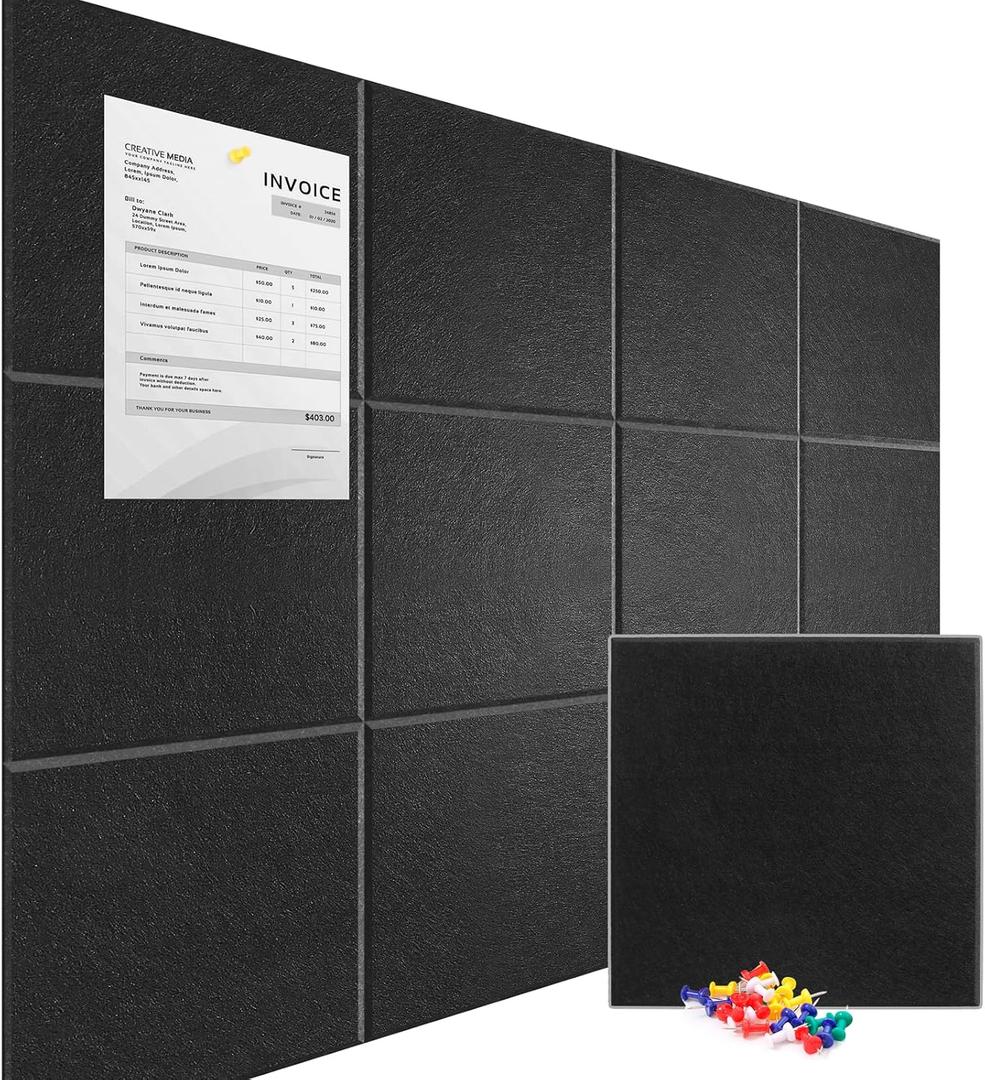 Cork Boards, 47" x 35" Black Bulletin Board,12 Pack Felt Wall Tiles for Walls Felt Board with Safe Removable Adhesive, Cork Boards for Office Prayer Board Pin Board Tack Board Cork Tiles Memo Board