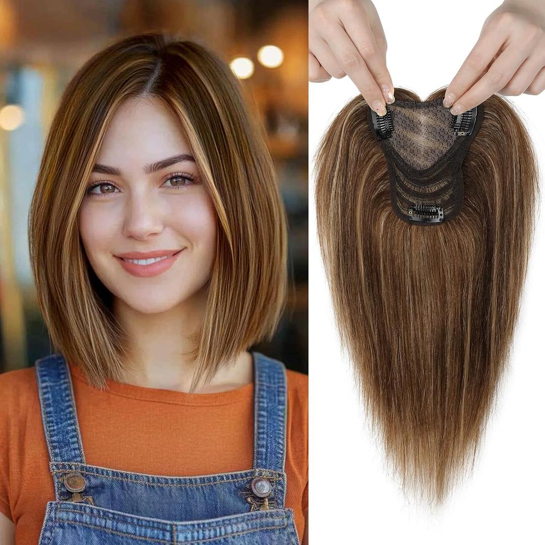 REECHO 10" Real Human Hair Topper for Women with Thinning Hair, Clip-in Crown Hairpiece for Instant Volume and Gray Root Coverage Real Hair Toppers Wiglett, Medium Brown Mix Honey Blonde (Swiss Base)