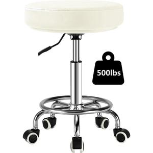 Adjustable Rolling Stool with Wheels Heavy Duty 500lb Round RollingStool with Footrest, Patent Leather Drafting Stool Chair with Wheels Work Spa Salon Seat,White, No Backrest