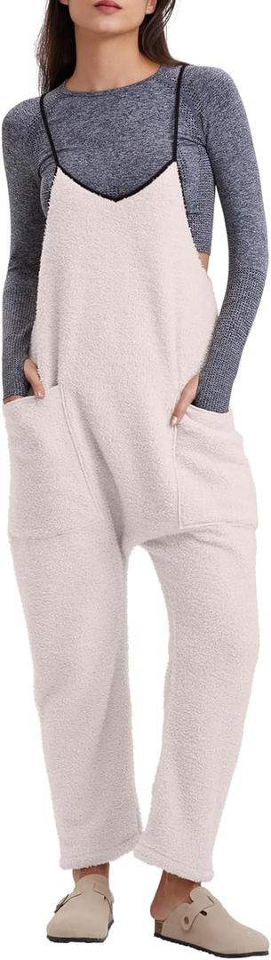 Gacaky Womens Winter Fleece Jumpsuits Casual Warm Onesie Rompers Sleeveless Loose Overalls Jumpers with Pockets (Beige, S)