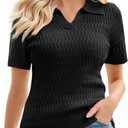 GRACE KARIN Womens 2025 Summer Short Sleeve Sweater V-Neck Collared Pullover Sweater Tops Lightweight Knit Polo Shirt (Medium, Black)