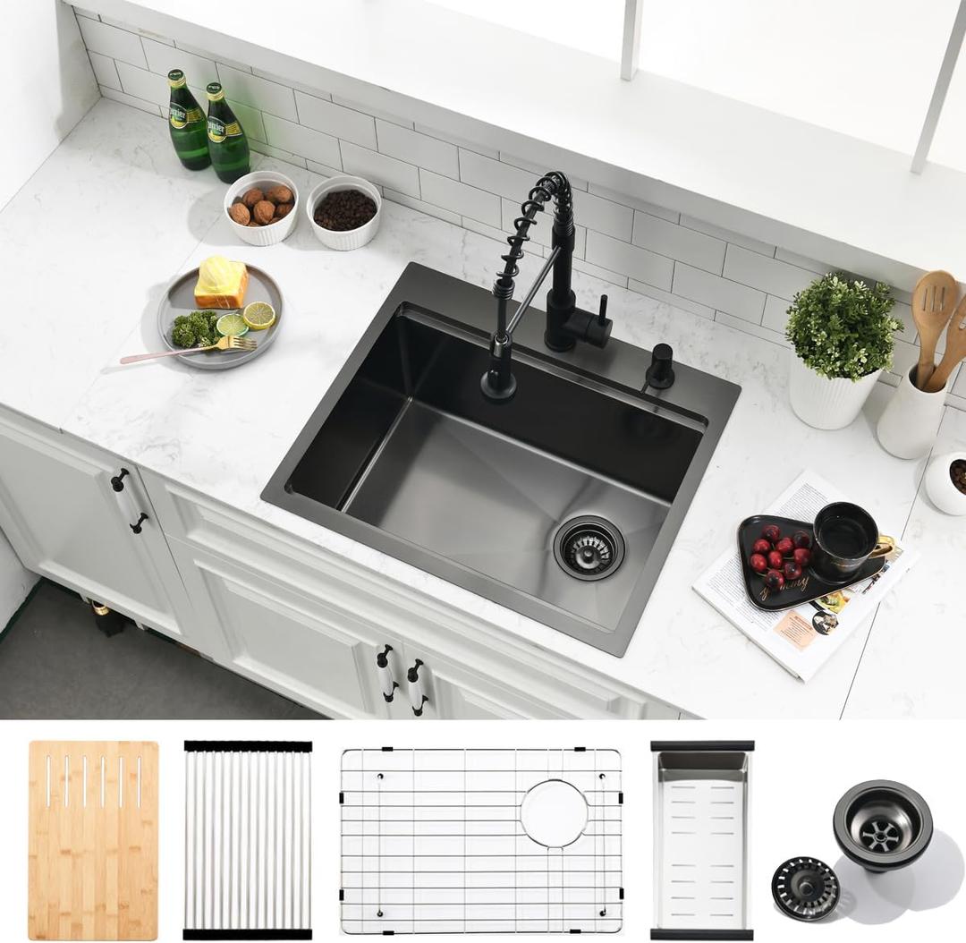 23 Inch Black Drop In Kitchen Sink Workstation - SZBAQTM 23x19-Inch Drop In sink Stainless Steel Single Bowl 10'' Deep Handmade Top Mount Sink with Cutting Board& Strainer, 23"X19"X10"