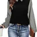 SweatyRocks Women's Houndstooth Dressy Casual Shirts Collared Long Sleeve Shirts Office Work Blouses (Large, Multicolor)